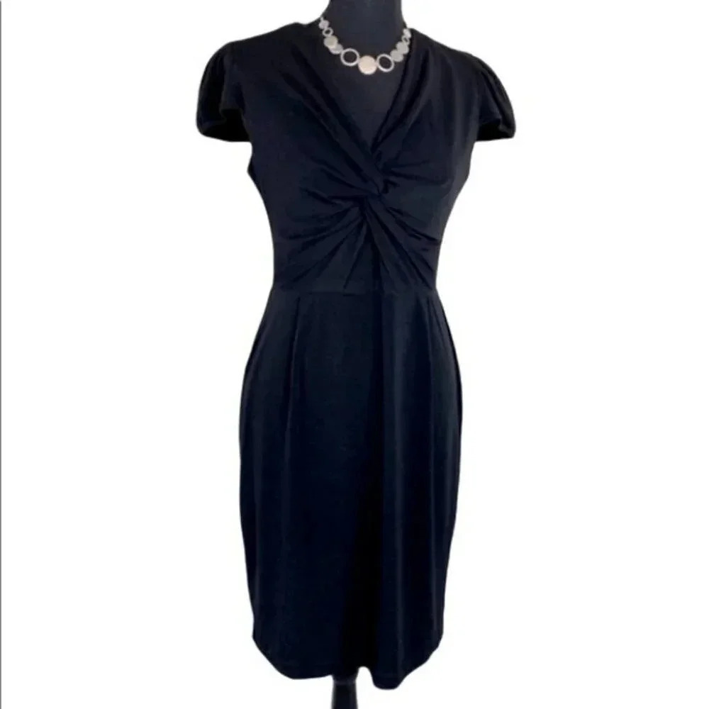 London Style 6 Black ruched front cap sleeve dress